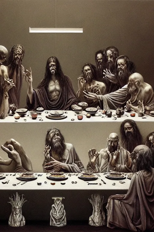 Image similar to hyper realistic painting of the last supper by wayne barlowe, beksinski, hr giger, austin osman spare, bussiere