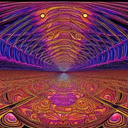 Image similar to beautiful and highly detailed painting of the inside of a dmt hyperspace filled with intricate and perfect patterns surrounded by infinite detailed rooms by moebius and alex grey