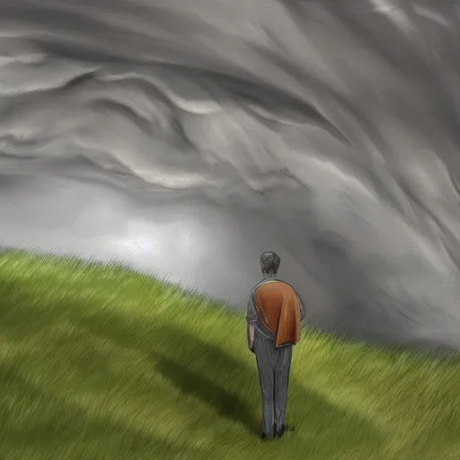 Prompt: a regretful man on a hill and storm is coming, digital painting, futured, ultra detailed