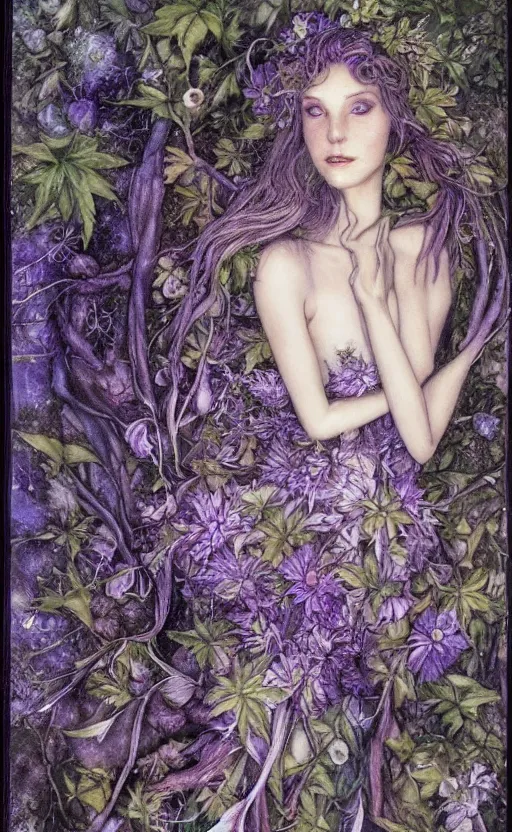 Image similar to fey queen of the summer forest, dress of leaves, fine features, thin, young, clothed, silver shimmering hair, by brian froud, stars, night colors, night, darkness, purple blue black, oil on canvas, oil panting