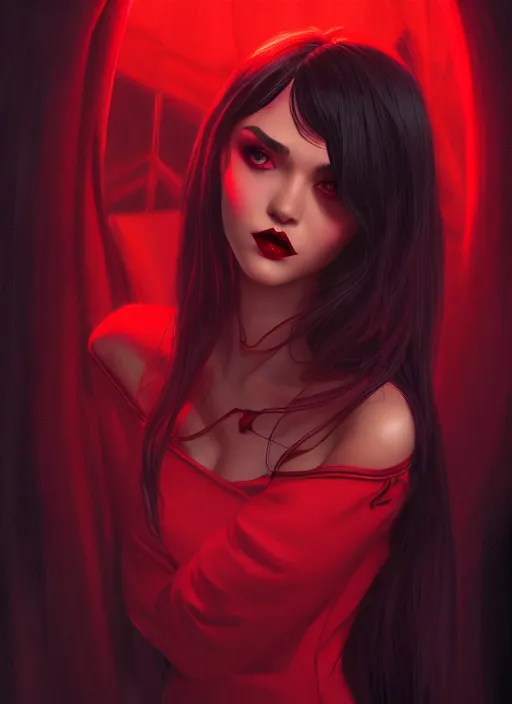 Image similar to portrait of vampire veronica lodge with bangs, vampire fangs, vampire, long hair, red clothes, bangs, vampironica, intricate, elegant, glowing lights, highly detailed, digital painting, artstation, concept art, smooth, sharp focus, illustration, art by wlop, mars ravelo and greg rutkowski