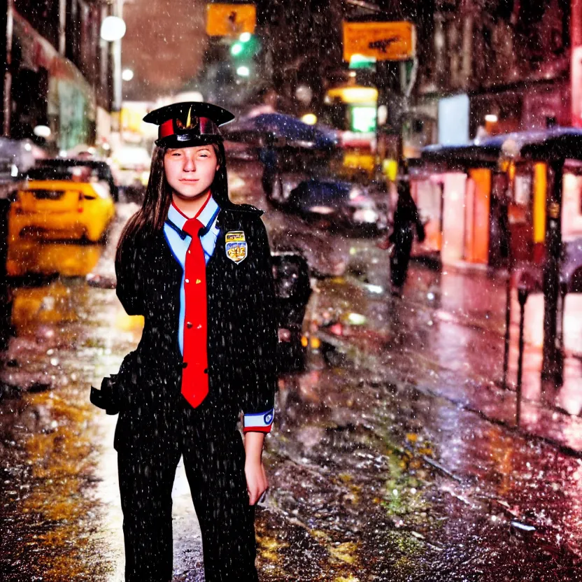 Image similar to night flash portrait photography of a high school girl in uniform on the lower east side by annie leibovitz, colorful, nighttime!, raining!