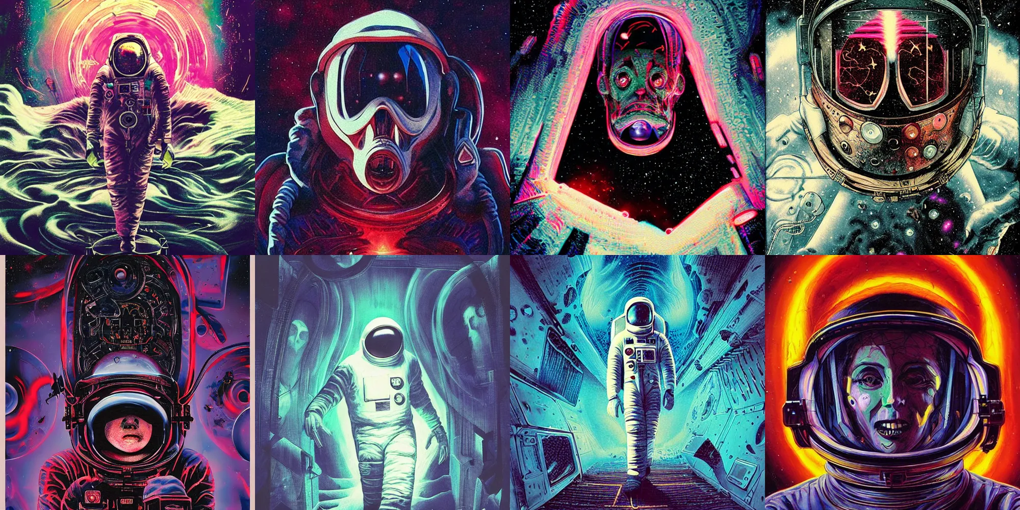 Image similar to astronaut, horror poster 9 0 s, cosmic horror, abstract, ghostly, arcade, duotone, poltergeist, lets get weird, intricate, elegant, highly detailed, digital painting, artstation, smooth, sharp focus, art by mondo, julian del rey and greg rutkowski, david la chapelle, ultraviolet colors,