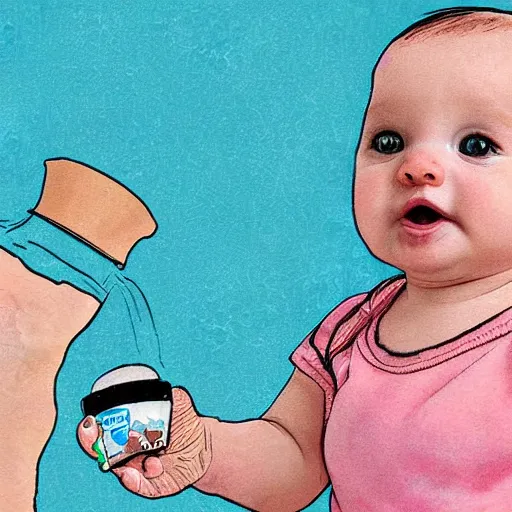 Prompt: digital art of a baby drinking milk from a baby bottle with great contentment.