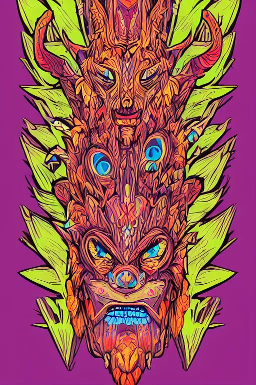 Image similar to animal mask totem roots flower tribal feather gemstone plant wood rock shaman vodoo video game vector cutout illustration vivid multicolor borderlands comics by josan gonzales and dan mumford radiating a glowing aura