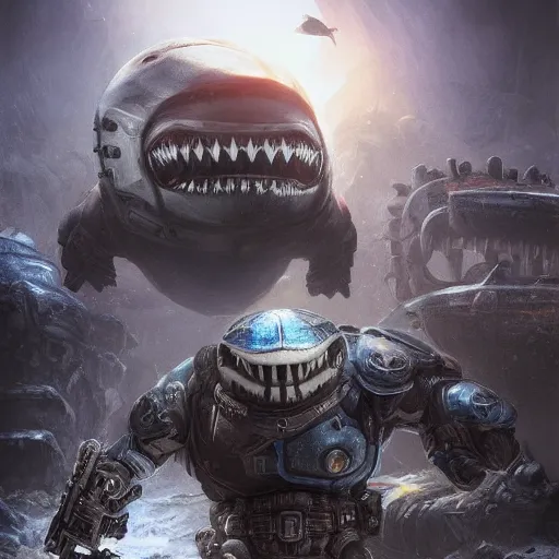 Prompt: Robot Penguin in Gears of War cover art,Shark teeth, ultra wide lens shot , tiny, small, short, cute and adorable, pretty, beautiful, DnD character art portrait, matte fantasy painting, eerie, DeviantArt Artstation, by Jason Felix by Steve Argyle by Tyler Jacobson by Peter Mohrbacher, cinematic lighting