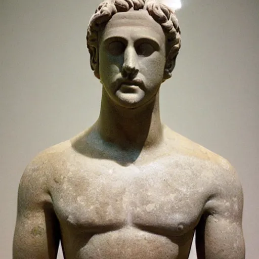 Image similar to an ancient greek clay statue of ryan gosling, the british museum