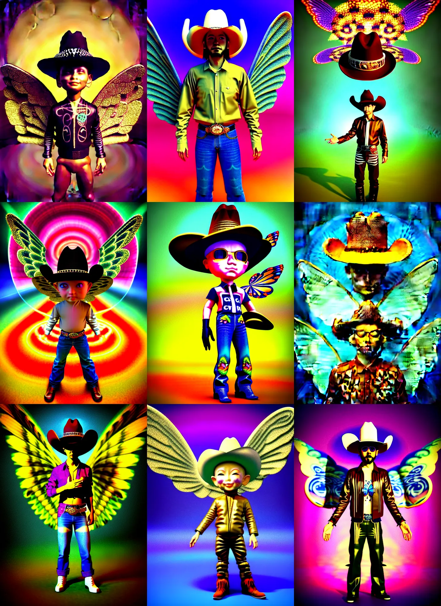 Prompt: vintage cgi 3 d render in the style of micha klein of chibi cyborg wizard by ichiro tanida wearing a big cowboy hat and wearing angel wings against a psychedelic swirly background with 3 d butterflies and 3 d flowers n the style of 1 9 9 0's cgi graphics 3 d rendered y 2 k aesthetic by micha klein