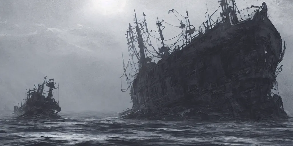 Image similar to an old ship on the bottom of the ocean that sunk long ago. mysterious, intimidating, haunted. horror movie screencap. epic. trending on artstation