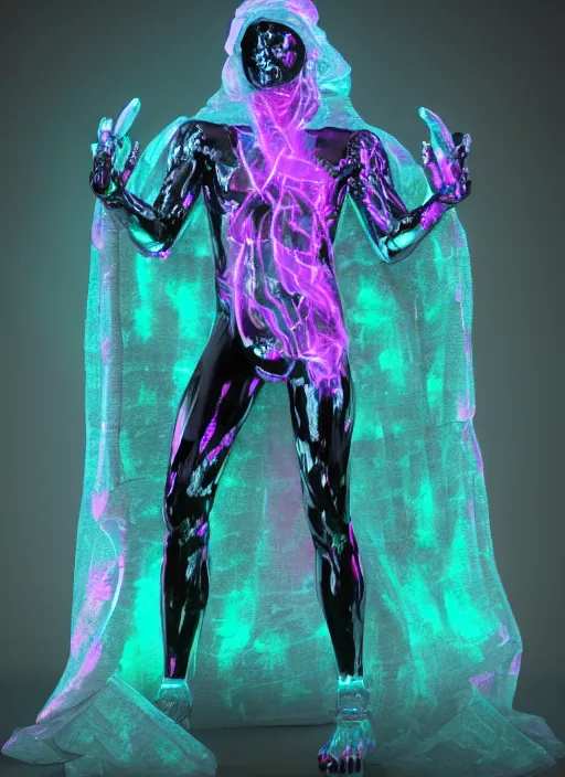 Prompt: photo of fullbodied baroque and bladerunner delicate neon diamond sculpture of seductive onyx albino marble prince zhengyang zhang dotado mint iridescent humanoid deity wearing black plastic trashbag hooded cloak holding hellfire skull in a onyx alien dungeon, reclining, glowing magenta face, crown of white diamonds, cinematic lighting, photorealistic, octane render 8 k depth of field 3 d