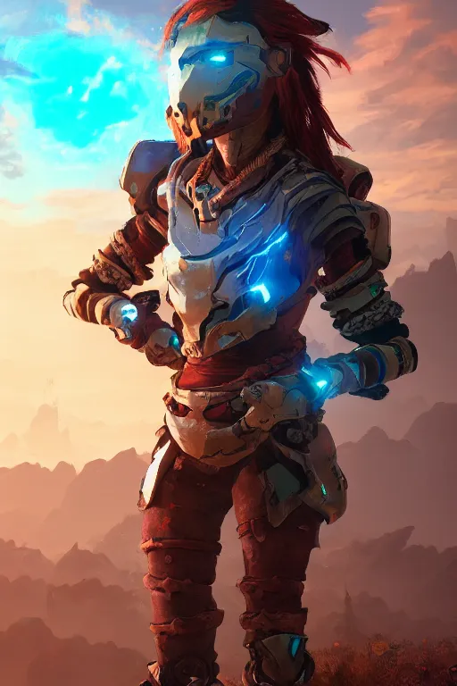 Image similar to combination suit armor aloy horizon forbidden west horizon zero dawn radiating a glowing aura global illumination ray tracing hdr fanart arstation by ian pesty and alena aenami artworks in 4 k tribal robot ninja mask helmet backpack