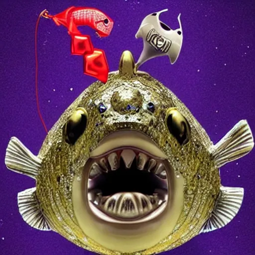 Image similar to A diamond encrusted killer anglerfish with jeweled teeth, the mouth is wide open, inside the mouth is a vegas casino, the fish is dangling a dollar sign in front of it