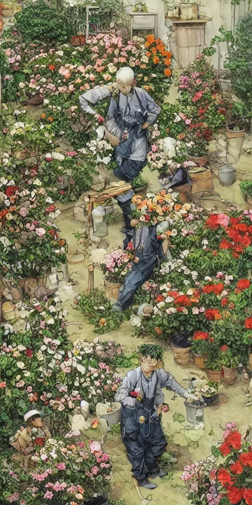 Image similar to oil painting scene from gardeners in the flower garden by kim jung gi