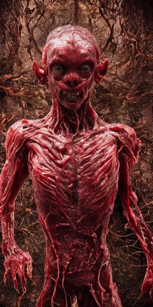 Image similar to photorealistic ultra detailed humanoid creature made of decomposed bloody flesh flesh, the woods, night, extremly detailed, 8 k, realistic, sharp focus, cosmic horror creature, cosmic horror, from the movie the thing, mysterious creature, bloody eyes