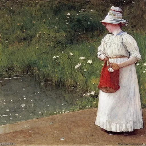Prompt: a woman wearing a white dress fishing, by Carl larsson