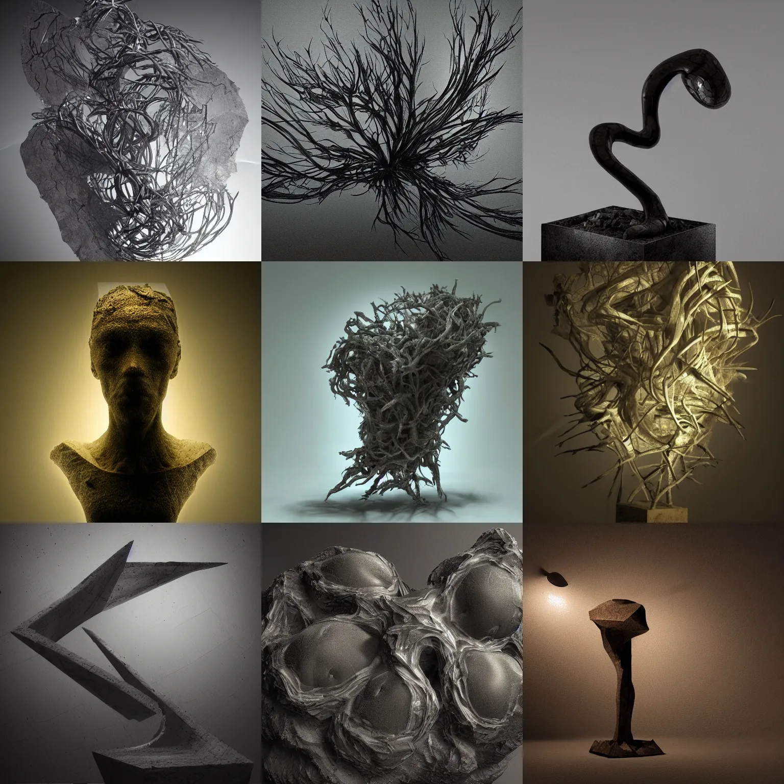 Image similar to rhizomuse, artists impression, cgsociety, abstract sculpture, dramatic intense lighting, deep shadows