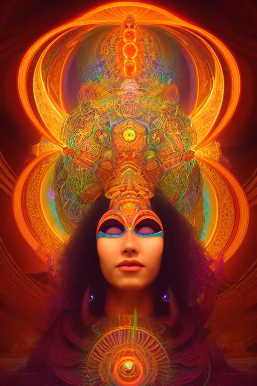 Prompt: a centered render of an alluring goddess wearing a psychedelic mask surrounded by a glorious sacred energy made from geometry and spiral mandel bulb fractals in a majestic temple, powerful, cinematic, beautifully lit, by artgerm, by karol bak, 3 d, trending on artstation, octane render, 8 k