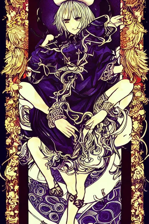 Image similar to marisa kirisame, touhou project, intricate, amazing line work, colorful, tarot cards, the devil tarot card