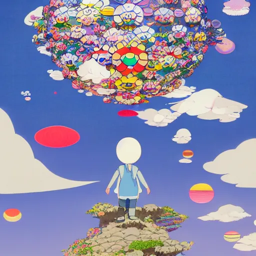 Image similar to a man walking on clouds away from the camera above kyoto by takashi murakami, beeple and james jean, aya takano color style, 4 k, super detailed, modern, 4 k, symmetrical