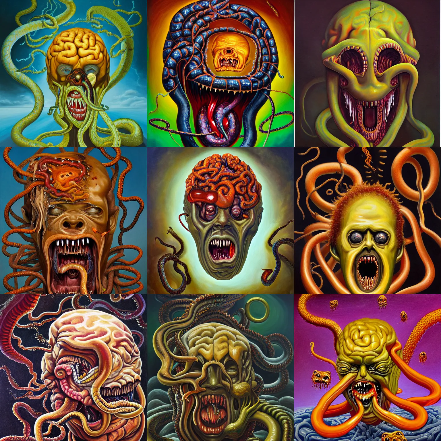 Prompt: an oil on canvas painting of a screaming decapitated man's melting face with biting serpents swarming out of his exposed brain, a surrealist painting, polycount, surrealism, surrealist, lovecraftian, cosmic horror