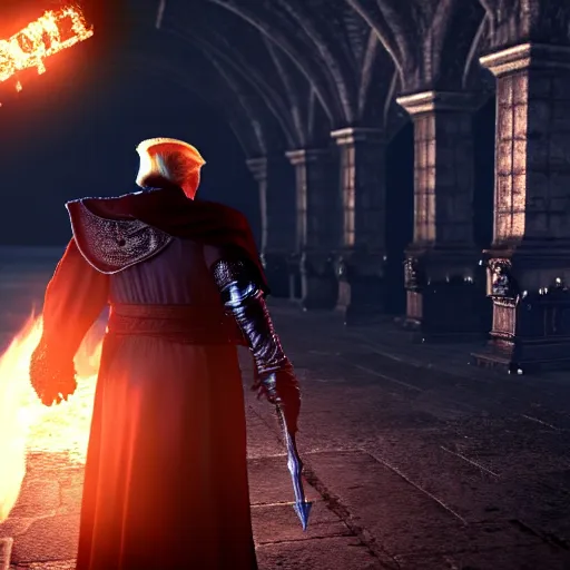 Prompt: donald trump in dark souls, ps 5 screenshot, isometric view, third person gameplay, praise the sun, 3 d render, cryengine, highly detailed