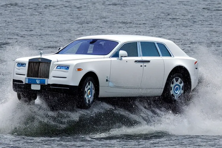 Image similar to Teenagers push Rolls-Royce into lake with their hands from a small slide wanting to drown him