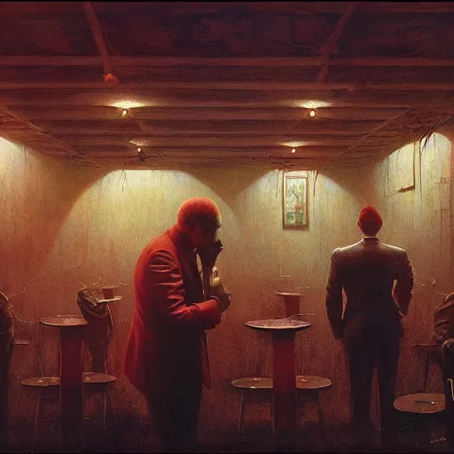 Prompt: fbi agent getting drunk at a dive bar, beksinski, wayne barlowe, very coherent symmetrical artwork, cinematic, hyper realism, high detail, octane render, 8 k