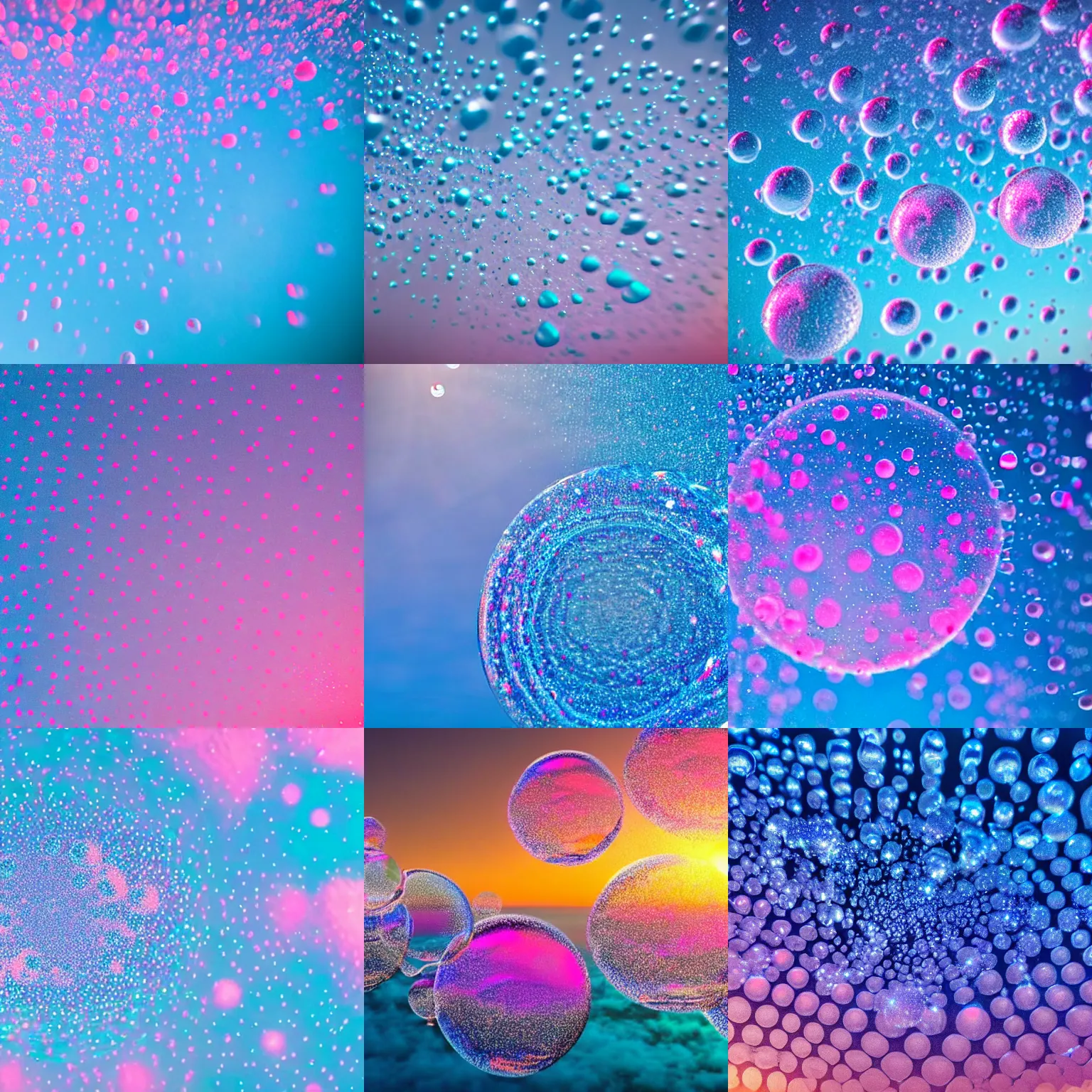 Prompt: cgi floating giant crystals in the sky, cgi of water bubbles in blue and pink, a microscopic photo by adam szentpetery, shutterstock contest winner, kinetic pointillism, macro lens, macro photography, creative commons attribution