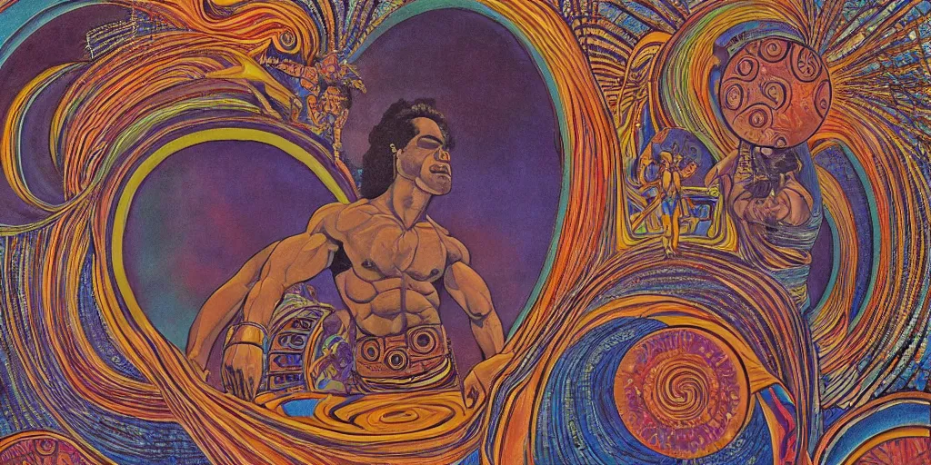 Image similar to an abstract space station background, a polynesian greek god dancing, clear eyes. 2 4 mm, photorealistic, muted color scheme, directed by mati klarwein