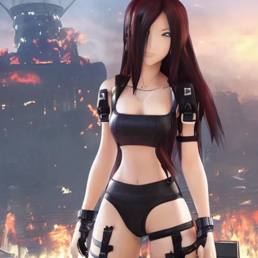 Prompt: a giant giga sized tifa from final fantasy 7 remake having fun destroying a city while smiling, digital art, octane render, award winning, very detailed, full body portrait, 3d render, detailed facial expressions, destroyed city, 4k destruction, fire, video game art, no text, ray tracing