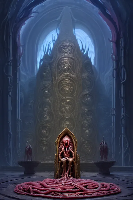 Image similar to a highly detailed matte painting of an illithid presenting an offering inside an expansive throne room with an enormous empty throne made of writhing flesh and entrails by studio ghibli, makoto shinkai, by artgerm, by wlop, by greg rutkowski, red tones, volumetric lighting, octane render, 4 k resolution, trending on artstation, masterpiece