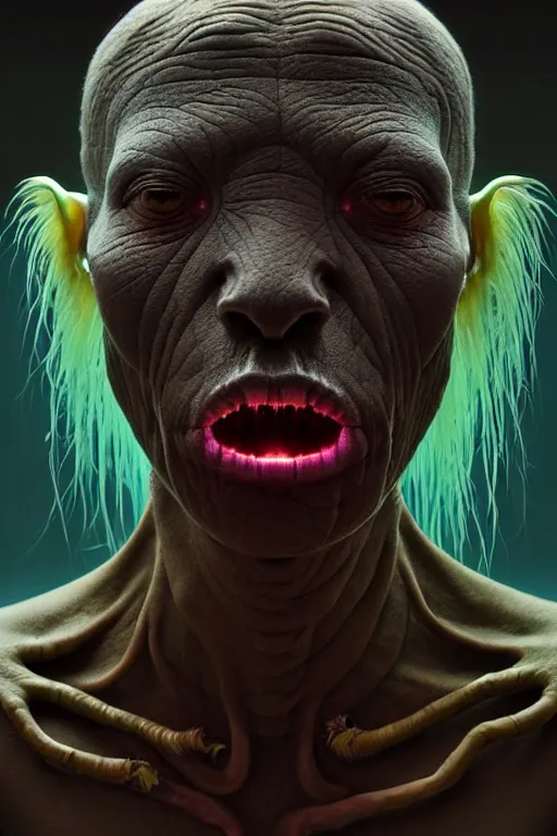 Prompt: portrait of a sad bioluminescent tribal creature, intense expression, highly detailed, asymmetrical artwork, cinematic, hyperrealism, art by zdzisław beksinski and stanley lau and artgerm and magali villeneuve and alphonse mucha, artstation, octane render, unreal engine, 8 k, aperture f 1. 2