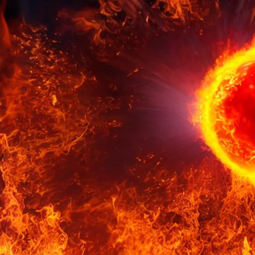 Image similar to red hot burning sphere embedded in fireball explosion with fire, 4 k