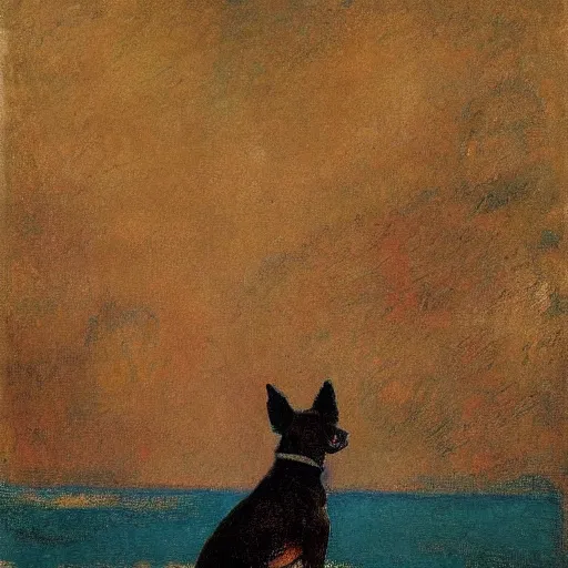 Image similar to a woman and her black and brown chihuahua looking out at the ocean by odilon redon