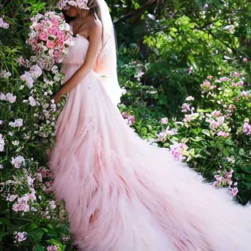 Image similar to light pink wedding dress. with white large exotic large, exotic. flowers. of zigzag intricate pattern of green fluffy. herbs. in the fantasy style. dress with train. hyper - realistic photo.