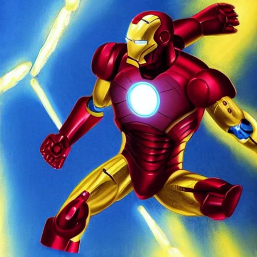 Prompt: iron man shooting beams, art my jock