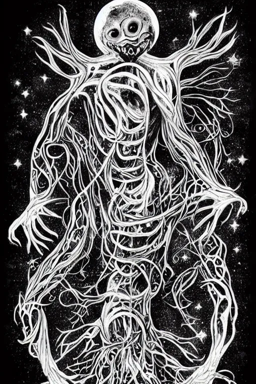 Prompt: black and white illustration, creative design, body horror, cosmic monster