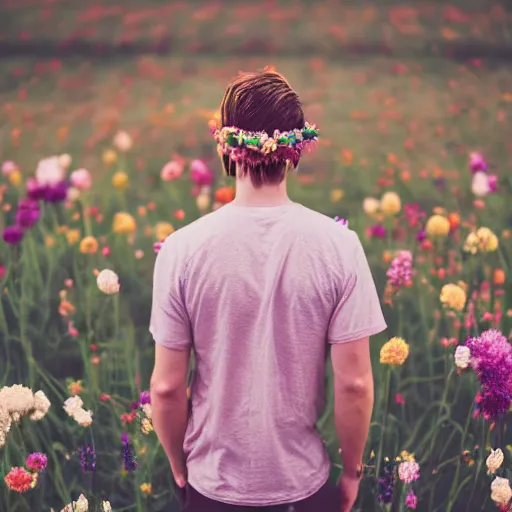 Prompt: revolog kolor photograph of a skinny blonde guy standing in a field of flowers, flower crown, back view, grain, moody lighting, telephoto, 9 0 s vibe, blurry background, vaporwave colors!, faded!,