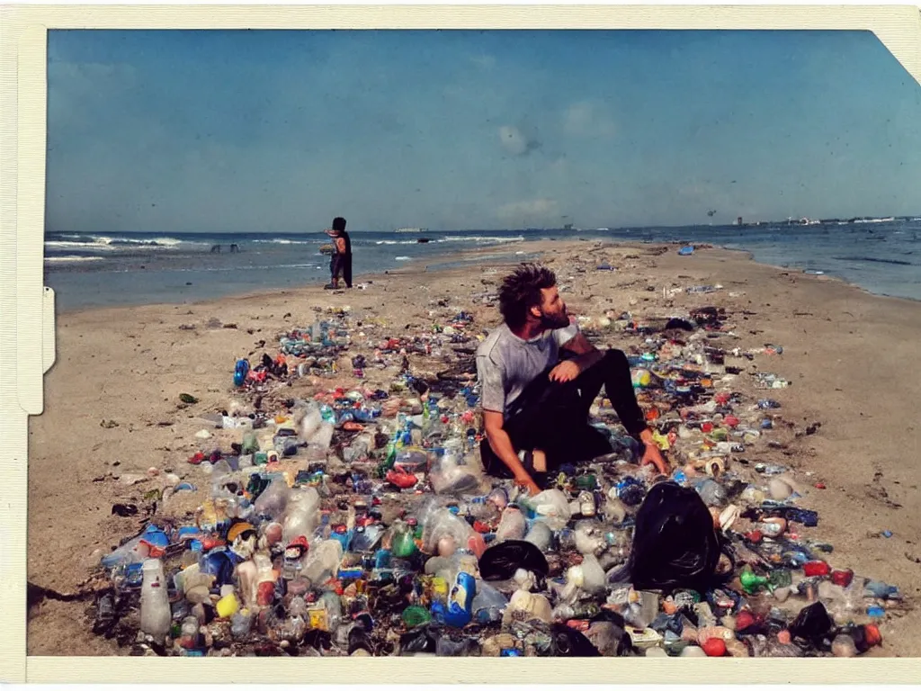 Image similar to lorenzo cherubini jovanotti alone crying surrounded by plastic bottles and garbage on a beach, polaroid color photo, ultra realistic