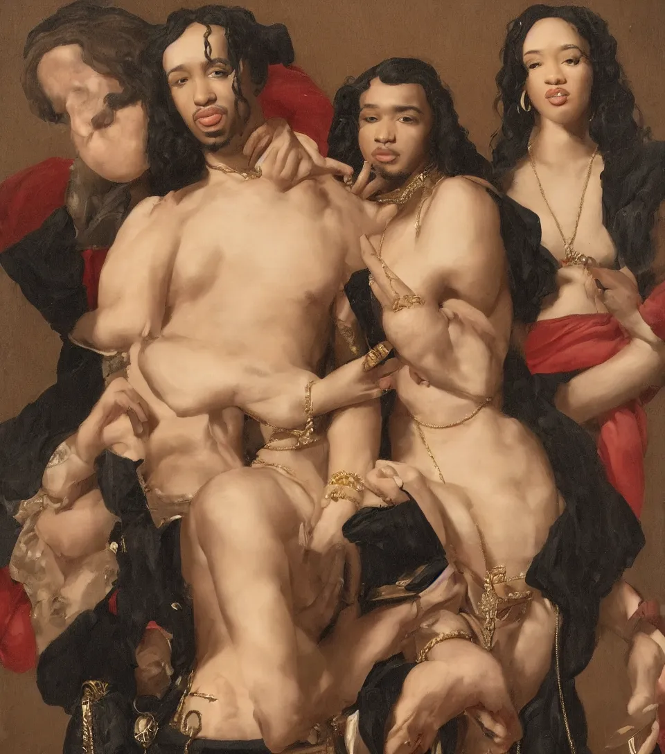 Prompt: portrait of offset and cardi b in the style of roberto ferri