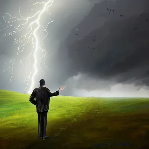 Image similar to a regretful man on a hill and storm is coming, digital painting, futured, ultra detailed