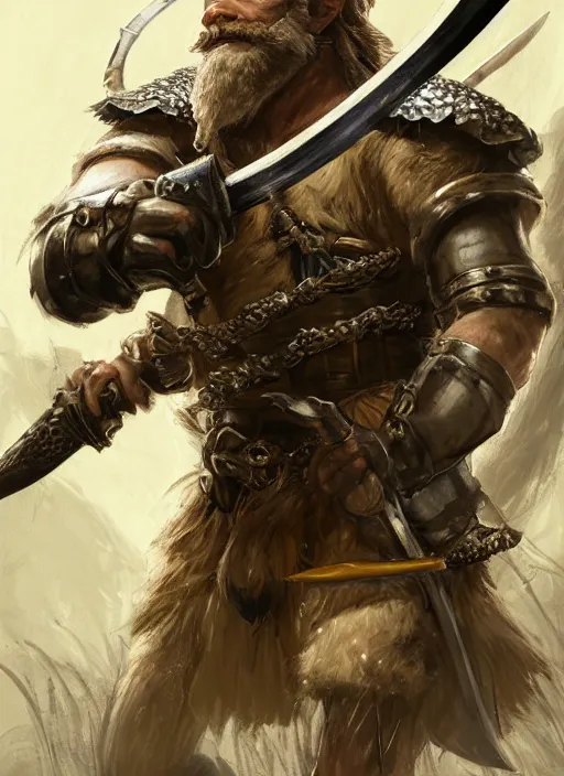 Image similar to strong young man, photorealistic bugbear ranger holding aflaming sword, black beard, dungeons and dragons, pathfinder, roleplaying game art, hunters gear, jeweled ornate leather and steel armour, concept art, character design on white background, by alan lee, norman rockwell, makoto shinkai, kim jung giu, poster art, game art