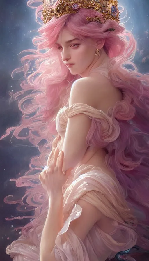 Image similar to portrait of stunning Goddess of magic, dreamy and ethereal, expressive pose, big pink eyes, peaceful expression, ornate frilly dress, fantasy, intricate, elegant, many rainbow bubbles, rose tones, highly detailed, digital painting, artstation, concept art, smooth, sharp focus, illustration, art by artgerm and greg rutkowski and alphonse mucha