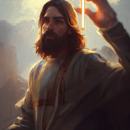 Image similar to jesus with a gun, cinematic lighting, highly detailed, concept art, art by wlop and artgerm and greg rutkowski, masterpiece, trending on artstation