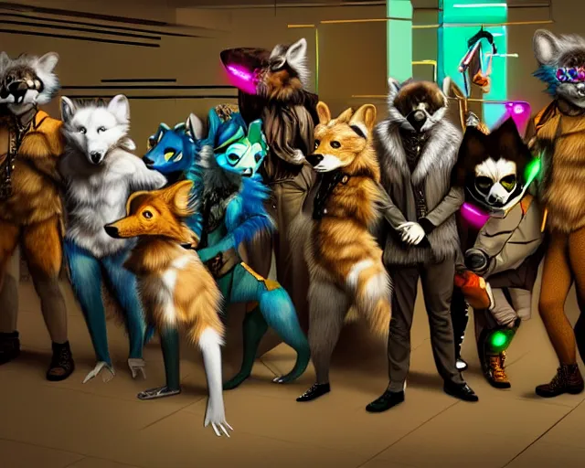 Image similar to high - resolution photograph from a raypunk era furry fandom convention ( midwest furfest 2 0 4 7 ), taking place after the genetic revolution and singularity. photorealistic.