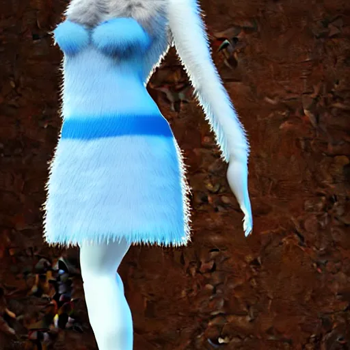 Image similar to 3 d render, well toned, large and tall, female, anthropomorphic wolf with a short snout, blue scales with white spots, icey blue dress, fur covering her chest.