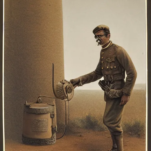 Image similar to a detailed photorealistic sepia - toned color portrait painting of a 1 9 1 7 worried clean - shaven british lieutenant in field gear in north arabia examining an ancient cylindrical clay jar, ultra realistic, intricate details, atmospheric, dark, horror, brooding, highly detailed, by clyde caldwell