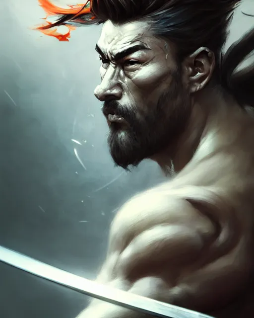 Image similar to face portrait of a handsome and ripped ronin, masculine features, short messy hair, wielding a katana, wearing a haori, by wlop and peter mohrbacher, dramatic action pose, extremely detailed shading, concept art, digital painting, trending on artstation, unreal engine 5, octane render, atmosphere, glow, cinematic lighting, full of color