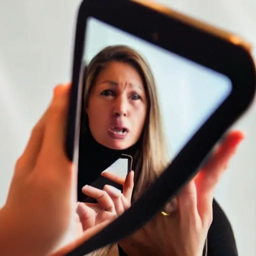 Image similar to woman taking a selfie only to see a horrific image in the reflection