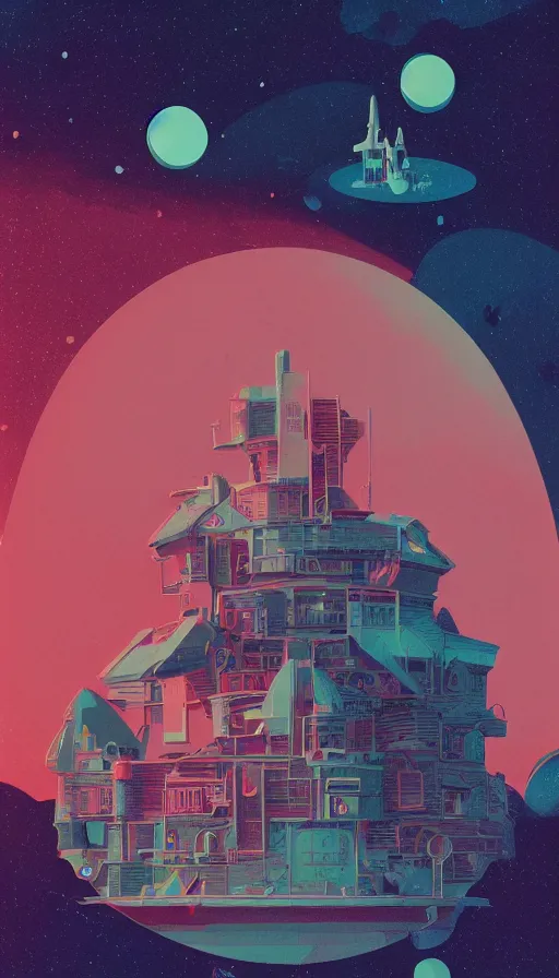 Prompt: witch planet house space, sharp focus, james gilleard, moebius, print, risograph, cinematic, game art